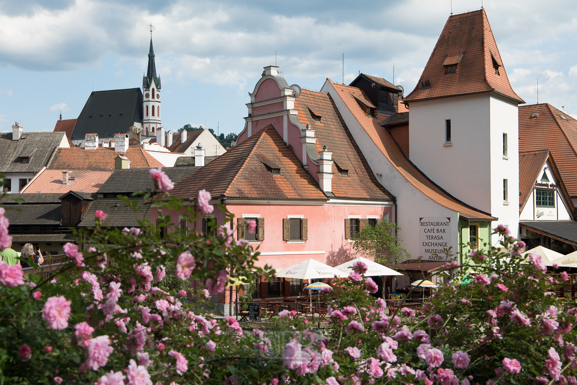 Überblick über Cesky Krumlov von der Burg am Modau-Hochufer